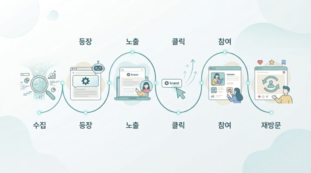 수집·등장·노출·클릭·참여·재방문을 한 줄로 잇기 대표 이미지