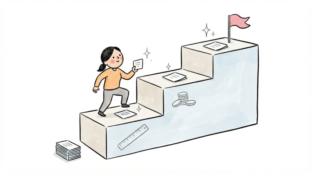 아래에서 올려다본 세 계단 위에 요청 카드를 하나씩 올려 놓으며 오르는 작은 실무자