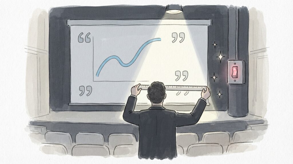 무대 위 큰 보고서 화면의 일부만 스포트라이트로 밝고 나머지는 어두운 장면을 객석 뒷모습 너머로 본 모습