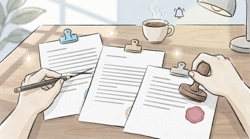 아침 햇살이 드는 책상 위 고객별 기록 초안에 펜으로 고치고 도장을 찍는 두 손