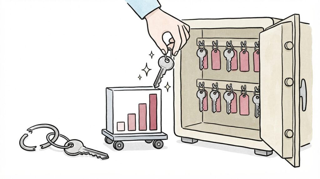 끊어진 열쇠고리에서 떨어진 열쇠를 금고 열쇠걸이에 안전하게 거는 손 클로즈업