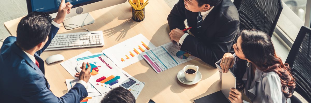 Business data dashboard analysis by ingenious computer software . Investment application display business sales and profit on the computer screen and advise marketing planning decision .